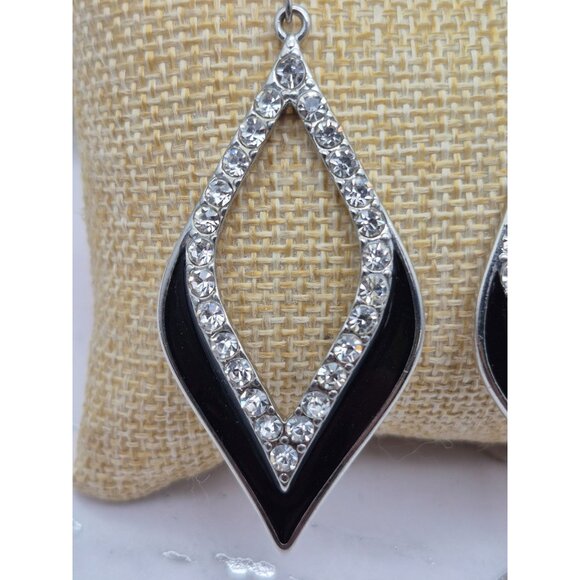 Silver Tone Black Enamel & Rhinestone Statement Dangle Drop Earrings Pierced - Picture 2 of 5